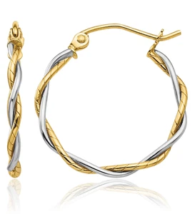 14K Solid Two Tone Gold 1.8mm Twisted Round Medium Hoop Earrings - Picture 1 of 11
