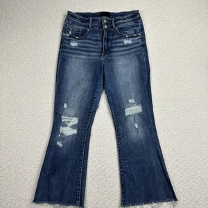Pantalones de mezclilla para mujer negros con hebilla acampanados talla 31x32 desgastados elásticos tiro medio azules - Imagen 1 de 13