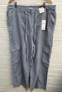 New M&S Cargo Wide Leg Trousers Light Blue UK 20 Linen Lyocell Blend Casual - Picture 1 of 11
