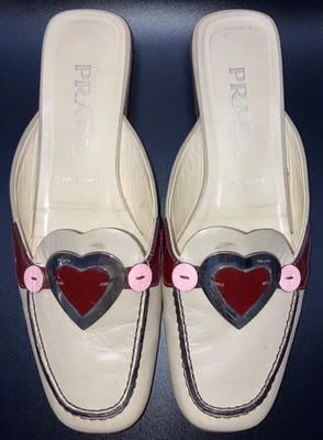 PRADA Leather Slip-Ons Mules Pink Red Heart Vintage 90s 38.5 AUTH - Image 1 of 4