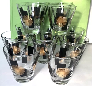 Set 12 Vtg MCM Atomic Starburst Double Shot Whiskey Glass Black Gold MINT - Picture 1 of 8