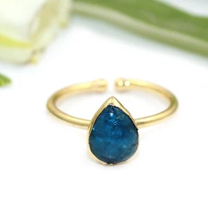 Natural Neon Apatite Pear Shape Birthstone Gold Electroplated Adjustable Rings - Picture 1 of 2