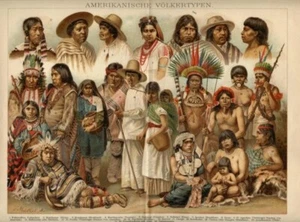1890 Antica Stampa = POPOLAZIONI AMERICANE Etnie = CROMOLITOGRAFIA Old Print - Picture 1 of 1