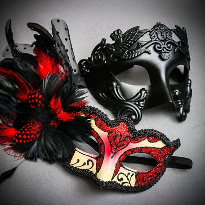 Venetian Warrior Half-Face RED Glitter Peacock Black Feather Eye Couple Mask - Image 1 of 4