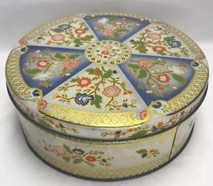 Vintage Floral & Gold Round Tin Canister Box Boho Cottagecore Shabby Victorian - Picture 1 of 8