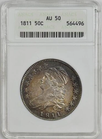 1811 Capped Bust Half Dollar Small 8 , ANACS AU 50,  Great Toning with Color! Cover