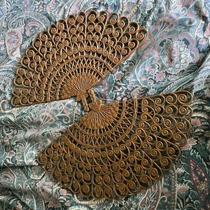 Vintage “Wicker” Burwood Fan Wall Hanging Pair Syroco Homco Large 21” X 13” USA - Picture 1 of 8