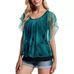 Womens Summer Tops Flutter Short Sleeve Pleated Front Mesh Shirts Casual Blouses - Picture 1 of 17