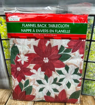 NEW Christmas House Flannel Back Holiday Poinsettia Table Cloth 52" x 70" - Image 1 of 4