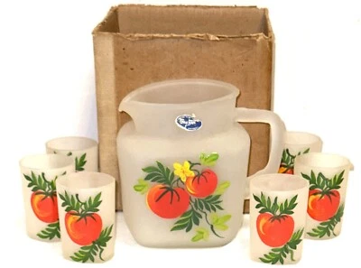 Fire KIng GAY FAD 5 1/2" TOMATO JUICE PITCHER W/ 6 TUMBLERS **BOX & STICKER** - Image 1 of 2