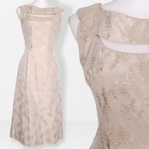 Beige Brocade Wedding Dress Ladies S Wiggle Satin Pinup Cutout Bust Sexy 50s Vtg - Picture 1 of 22