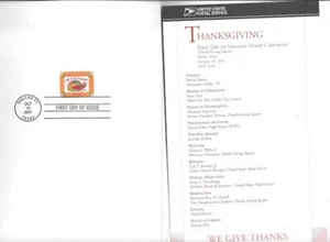 #3546 First Day Ceremony Program 34c Thanksgiving Stamp w/First Day Cover - Picture 1 of 2