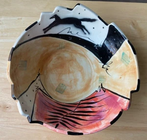 Vintage CAROLINE COONS Multi-Color Abstract Art Pottery Bowl With Black Horse - Picture 1 of 6