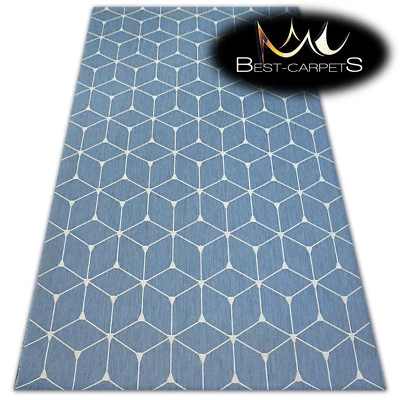 MODERN NATURAL SISAL RUG 'FLAT' PRACTICAL 3d cube blue Carpet FlatWeave - Image 1 of 4