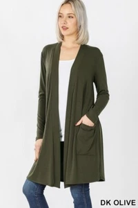 Women's Jersey Knit Open Front Knee Length Long Sleeve Cardigan w/ pockets S-3X - Picture 1 of 28