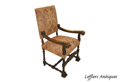 Antique French Renaissance Revival Style Carved Walnut Armchair Tapestry Fabric Cover