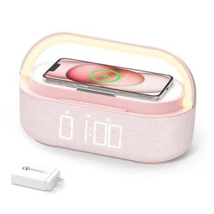 Haut-parleur Bluetooth avec chargeur sans fil, radio FM, LED dimmable rose nuit - Photo 1 sur 8