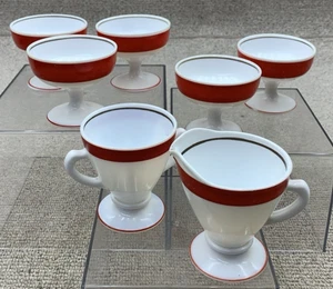 Vintage Hazel Atlas Glass Platonite White Red Band 7 Piece Set - Picture 1 of 17