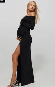 Bumpsuit Off The Shoulder Evening Gown Maternity Black Stretch High Slit Sz S - Picture 1 of 16