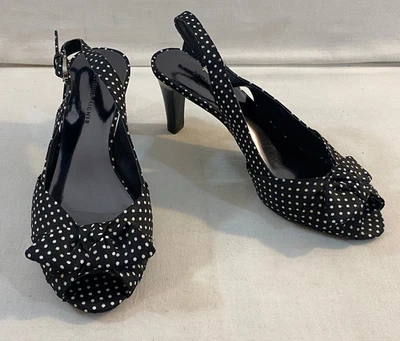 ETIENNE AIGNER Black & White Peep Toe Polka Dot Wedge Heels 7M - Image 1 of 4