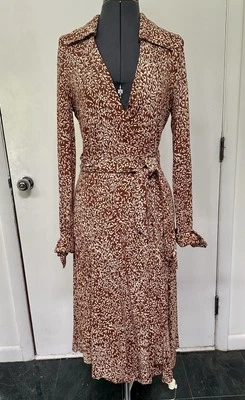 VINTAGE 1970s DIANE von FURSTENBERG DVF ORIGINAL WRAP DRESS BROWN LEAVES KNIT 14 - Image 1 of 4