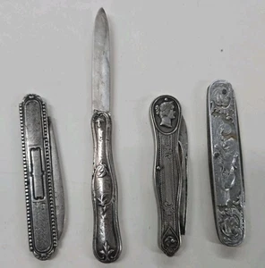 4 Vintage Münze Silber Obstmesser seltene ausgefallene Klappklinge, Monogramm  - Bild 1 von 24