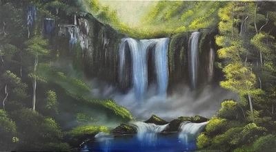 Misty Deep Woods Waterfall, Oil Painting On 20x36” Canvas Bob Ross style  - Image 1 of 4