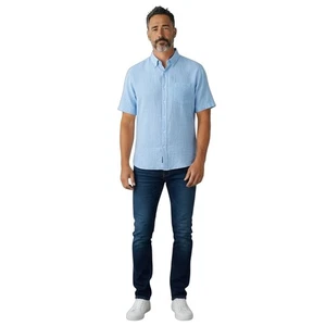 Gazman Shirt Men Size Large Blue Linen Sleeve Casual Dress Pocket Logo - Picture 1 of 11