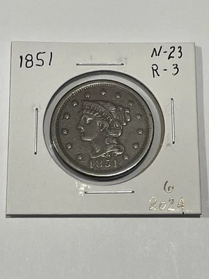 1851 Large Cent Braided Hair  N-23  R-3 Nice Rare Die Variety. - Image 1 of 3