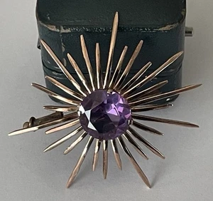 Vintage 9k Rose Gold Synthetic Alexandrite Starburst Sun Brooch Pin 6.8g - Picture 1 of 17
