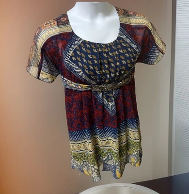 Vestido Artístico de Gasa en Bloques de Colores con Faja Imperio y Acento de Cuentas SS Boho Gitano Talla M Foto 1 de 4