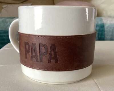 “Papa” Coffee Tea Mug W/Removable Brown Leather Strap White & Black Dad Gift  - Image 1 of 4