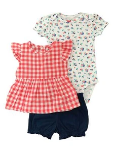 Infant Baby Girls Red & White Top Blue Floral Bodysuit & Navy Shorts 3PC Set 24M - Picture 1 of 1