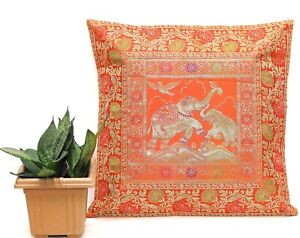 16" Indian Elephant Cushion Pillow Cover Orange Silk Brocade Sofa Pillow Throw