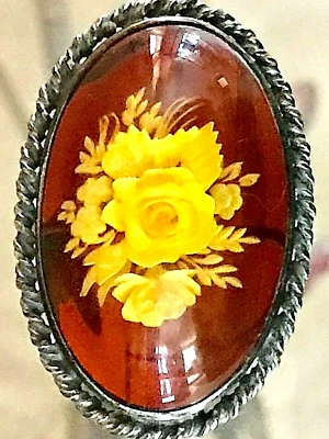 HONEY AMBER CARVED FLORAL STERLING SILVER BROOCH - VINTAGE ESTATE PIECE - NEW - Image 1 of 4