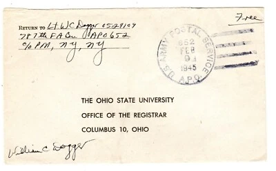 2/9/45 APO 652 England WWII cover Lt W C Dogger, 787th Field Artillery Battalion - Image 1 of 3