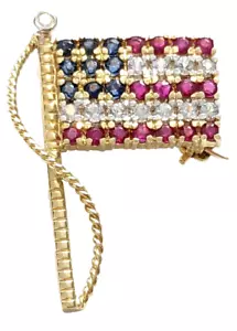 14K GOLD USA Flag Patriotic Red White Blue Sapphire Ruby Diamond Pin Brooch 3.1G - Picture 1 of 5