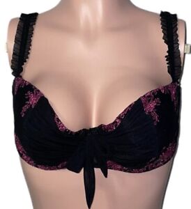 Fredericks Of Hollywood Black Lace Pink Embroidery Cinched Ribbon Womens Size XL
