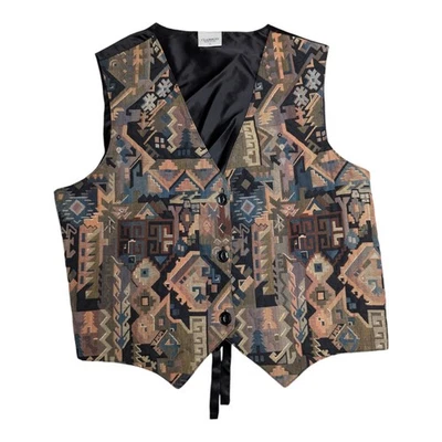 Vtg 1990s Clairbois Black Satin Tribal Geometric Tapestry Button Up Vest XL - Image 1 of 4