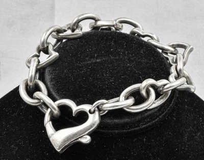 Estate Sterling Silver Heart rolo chain Large bracelet Made in ITALY 7.2" long - Image 1 of 4