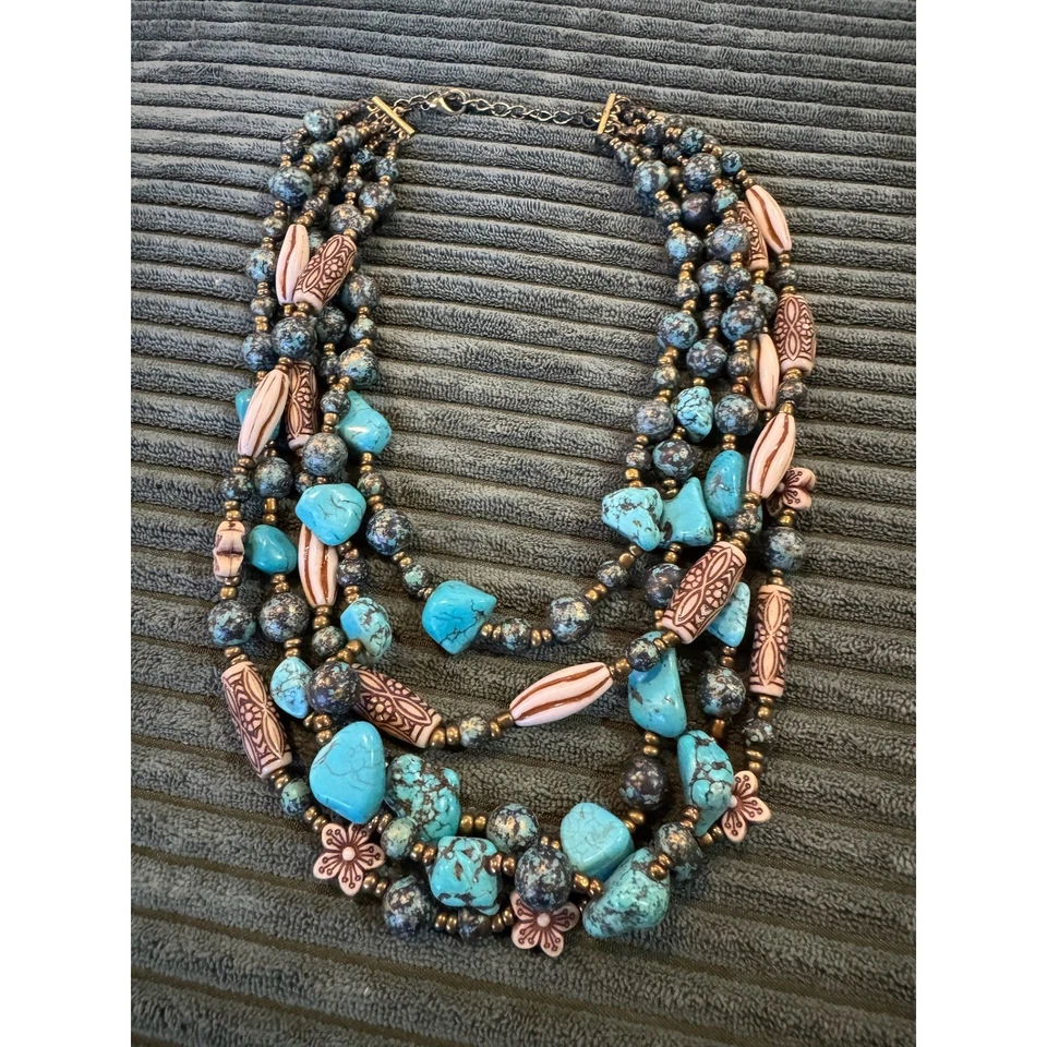 Boho Multi Strand Turquoise Stone Beaded Necklace Statement Choker - Image 1 of 4