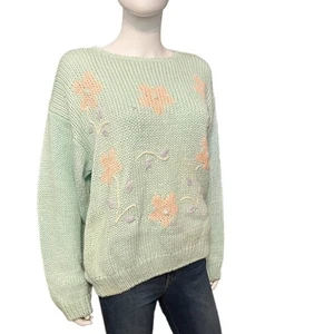 Vintage 80s Distinction Mint Pink Floral Daisy Flower Knit Sweater, L - Picture 1 of 6