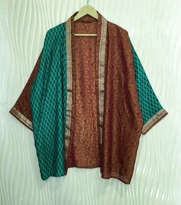 Jaqueta cardigã curta de seda pura quimono espanador capa roupão solto marrom KMS3734 - Imagem 1 de 4