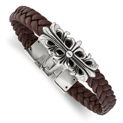 Stainless Steel & Brown Leather Fleur de Lis Cross Bracelet, 8.5 Inch - Image 1 of 4