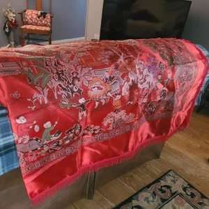 Chinese Red Silk Brocade Scenic Tapestry Tablecloth Story Telling Fringe 52x54 - Picture 1 of 9
