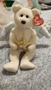 2002 STAR White Angel BEAR Ty® Beanie Babies w/ Blue Wings & Foil Star - Picture 1 of 8
