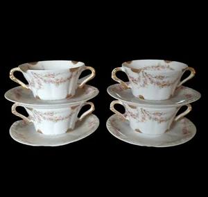 Set 4 Theodore Haviland Limoges France Teacup Saucer Double Handle Pink Cup Soup - Picture 1 of 11