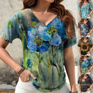 Women Boho Floral T-Shirt Tunic Tops Ladies Summer Holiday Casual Loose Blouse - Picture 1 of 27