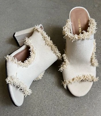 ALL BLACK Cream Slip On Block Heel Size 36 Fraying/FringeDetail - Image 1 of 4