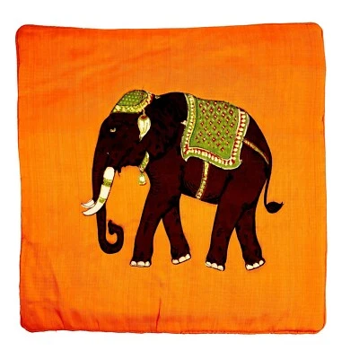 Handmade Silk Orange Pillow Cover Brown Asian Elephant Home Decor Sz 16 x 16 in - Image 1 of 4